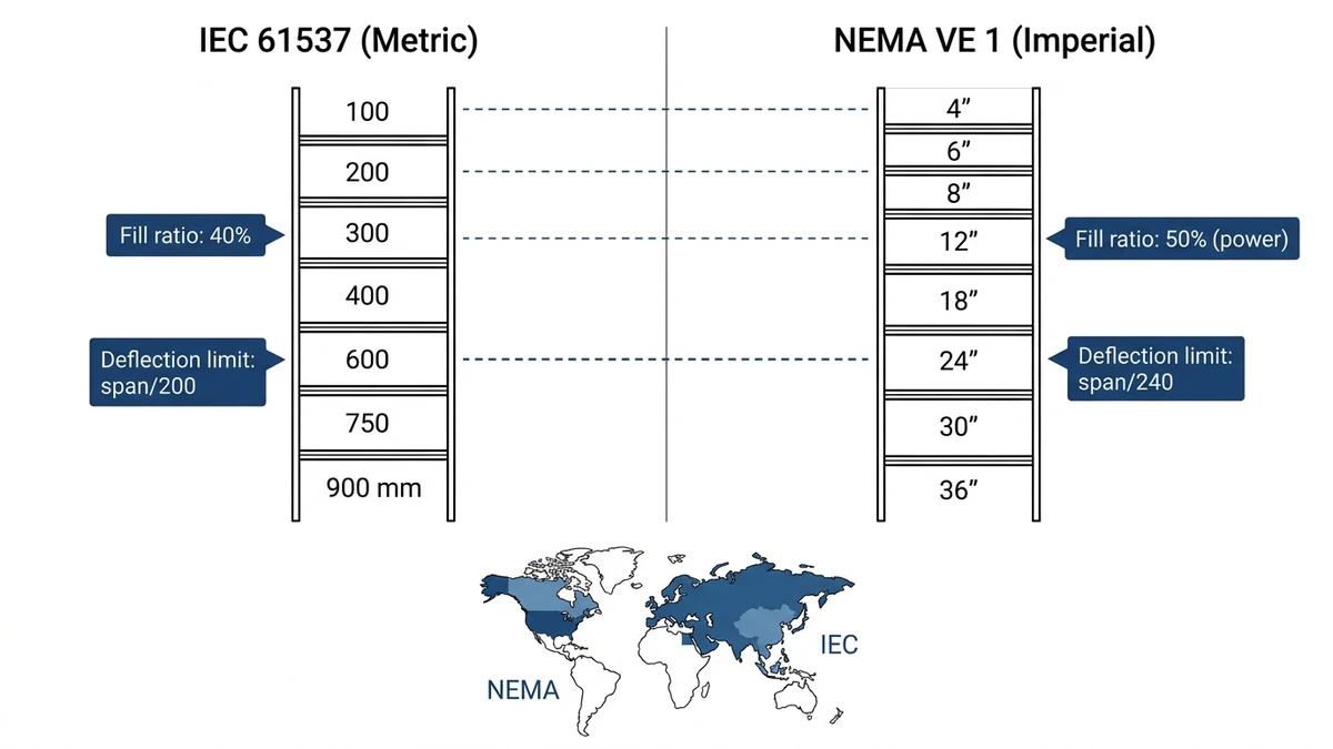 IEC 61537 and NEMA VE 1 cable tray width series comparison chart with metric and imperial values