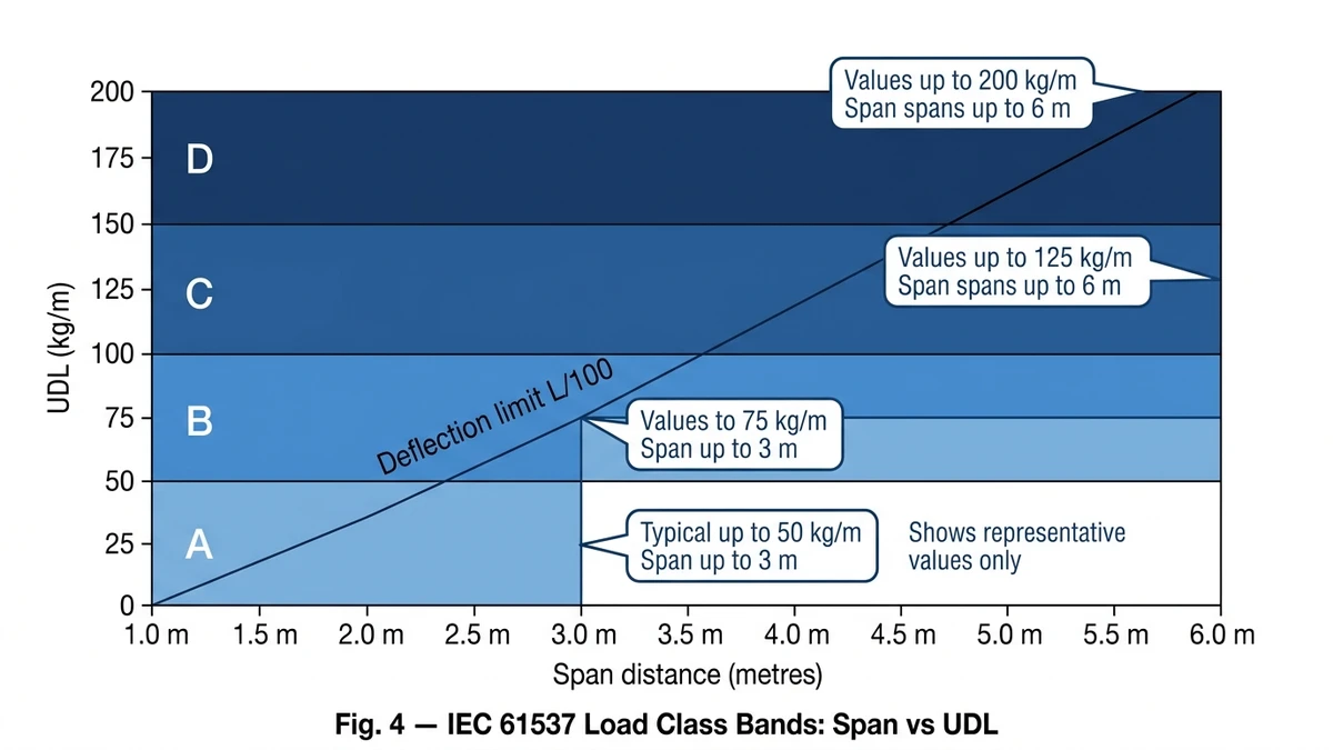 ** `IEC 61537 ladder cable tray load class chart showing Classes A B C D spanning 1 to 6 metres against uniformly distributed load in kg per metre