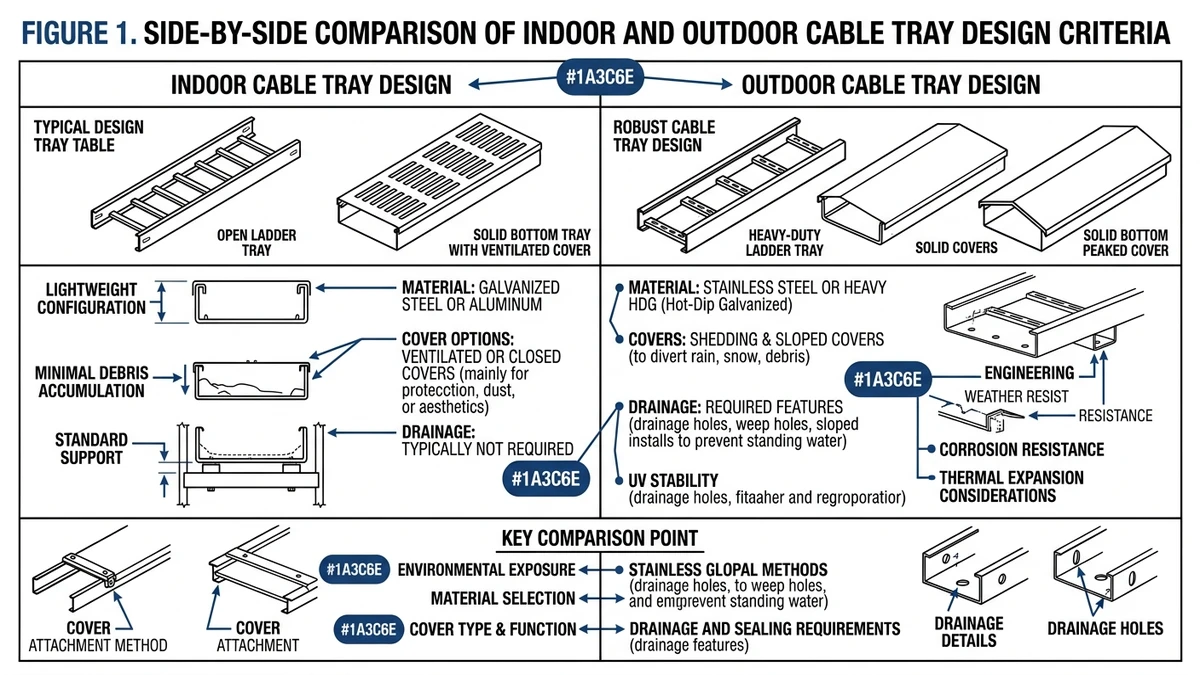 Indoor and outdoor cable tray design comparison table showing material, covers, drainage