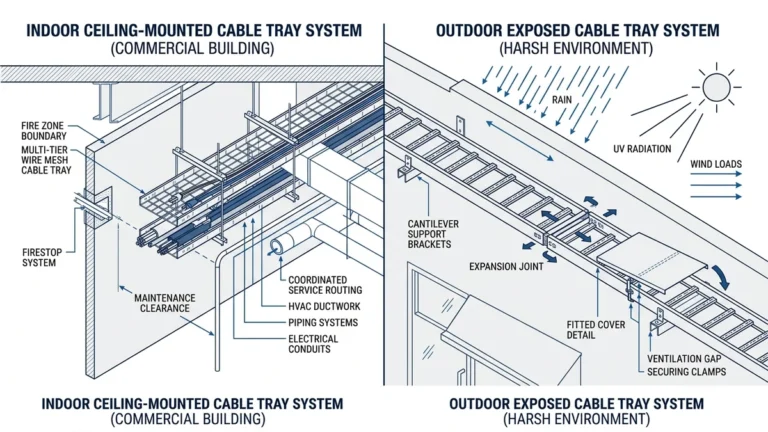 Indoor vs outdoor cable tray systems comparison showing exposure, covers, supports, and routing