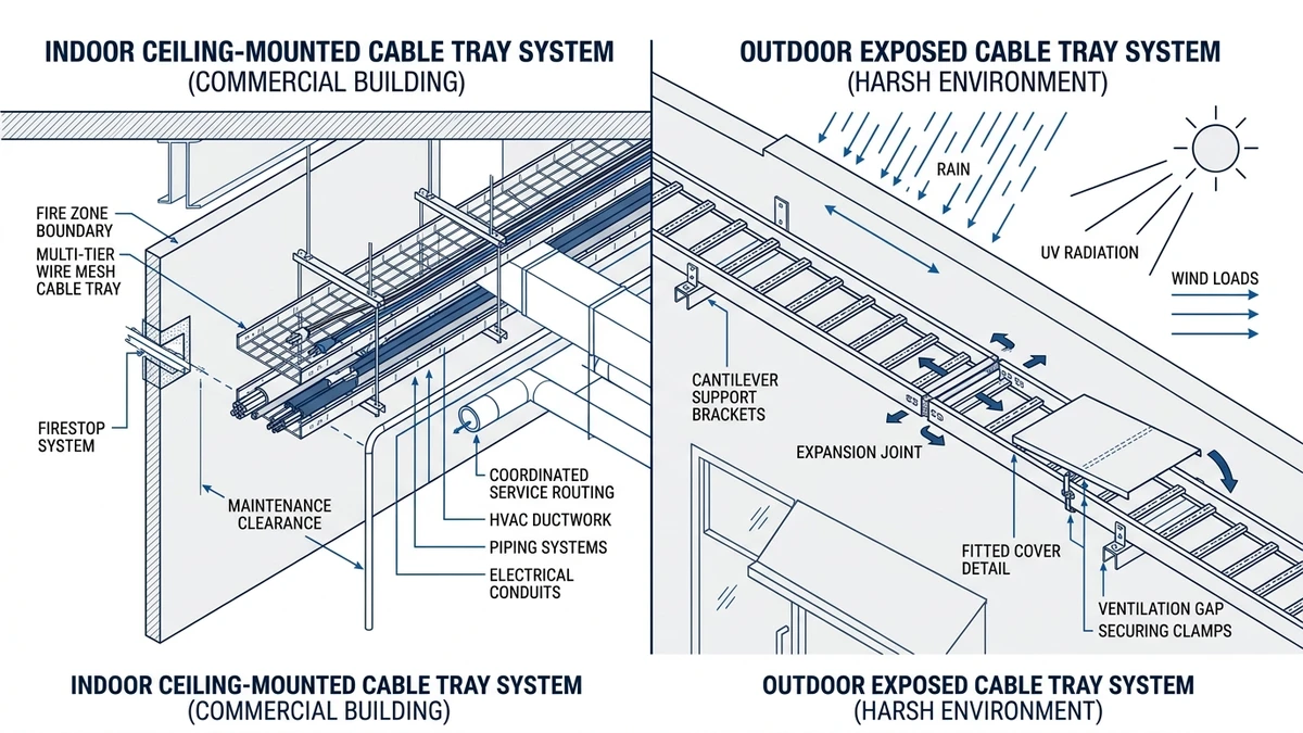 Indoor vs outdoor cable tray systems comparison showing exposure, covers, supports, and routing