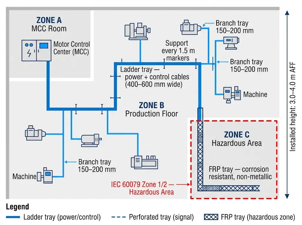 Industrial plant floor plan showing cable tray trunk routes from motor control center to production equipment in hazardous and standard zones