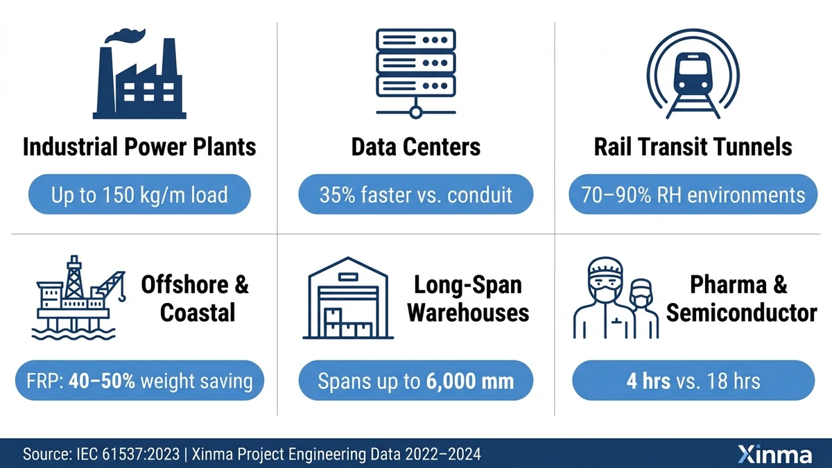 Infographic showing 6 ladder cable tray field applications including data centers, tunnels, and offshore facilities