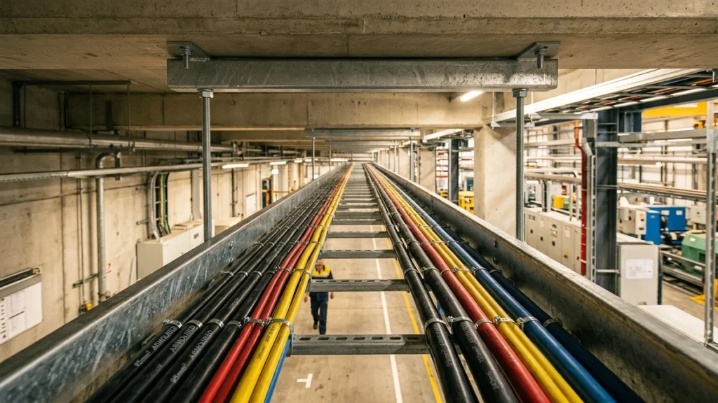 Ladder cable tray installation in industrial plant showing open-rung heavy power cable management system