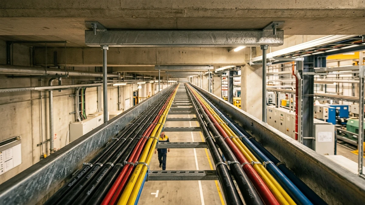 Ladder cable tray installation in industrial plant showing open-rung heavy power cable management system