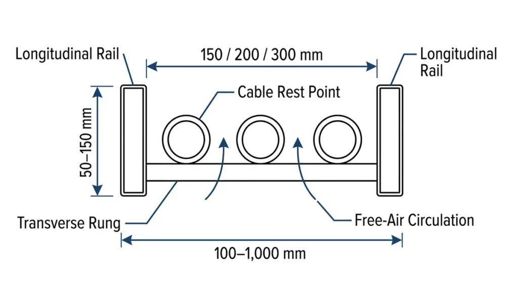 Ladder cable tray cross-section anatomy showing longitudinal rails, transverse rungs, rung pitch, rail height, and open-bay airflow