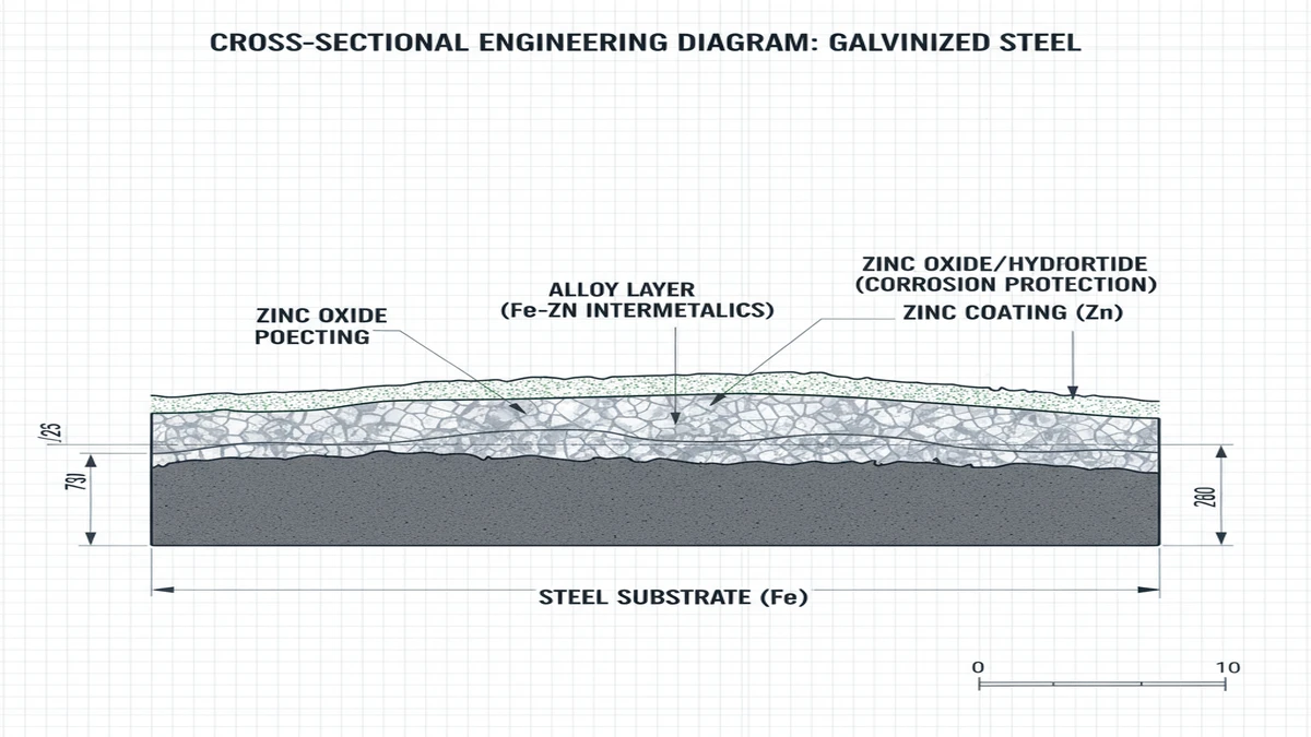 Ladder cable tray cross-section diagram showing side rail height, rung pitch, and HDG zinc coating layer