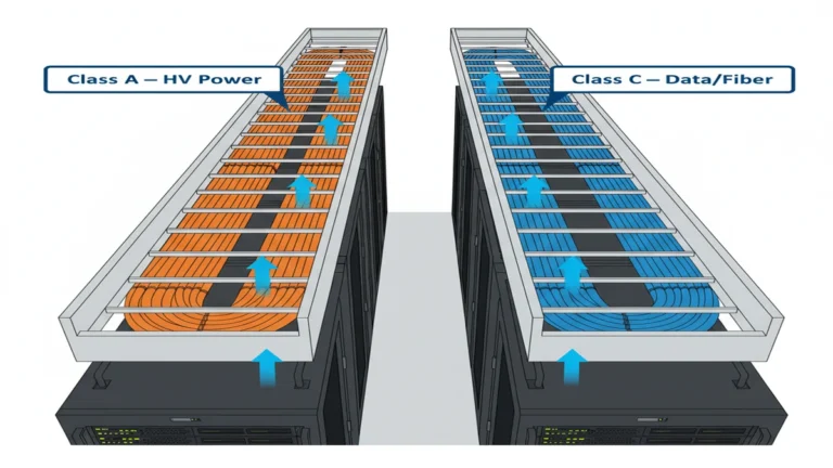 Ladder cable tray overhead routing in data center showing open-rung ventilation and cable segregation lanes