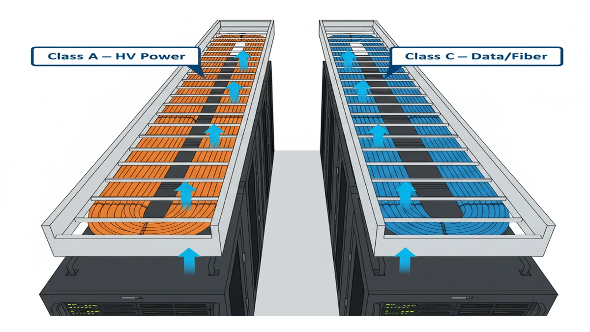 Ladder cable tray overhead routing in data center showing open-rung ventilation and cable segregation lanes