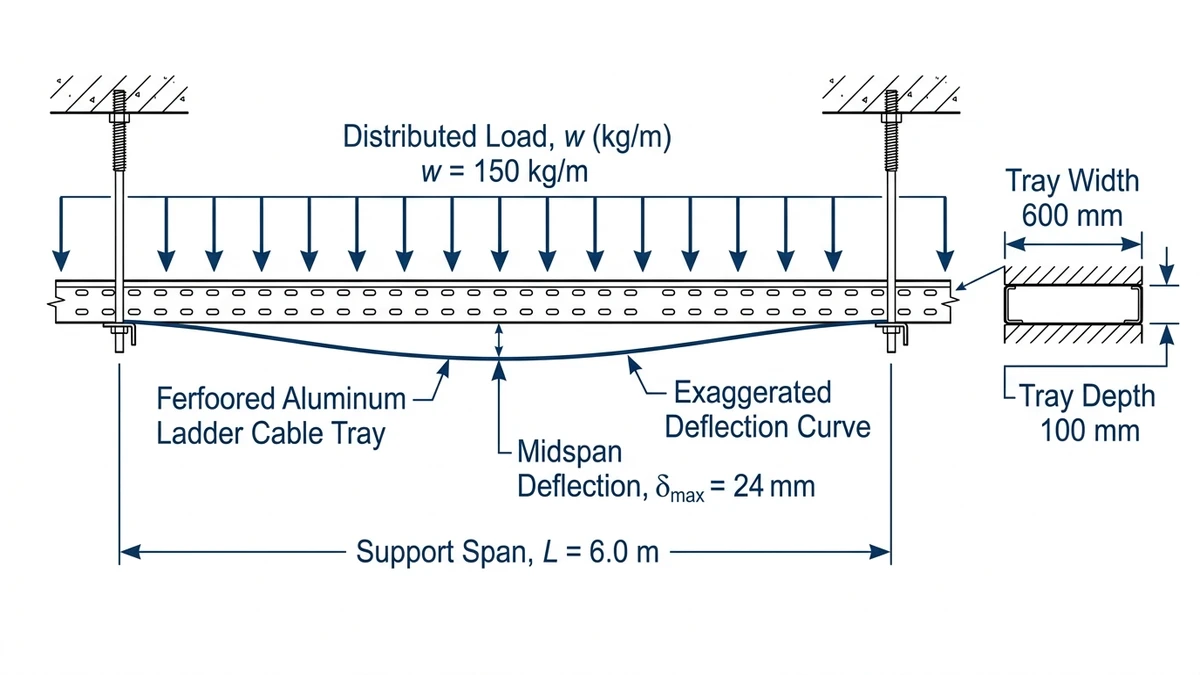Ladder cable tray segment with labeled width, depth, support span, distributed load and deflection.