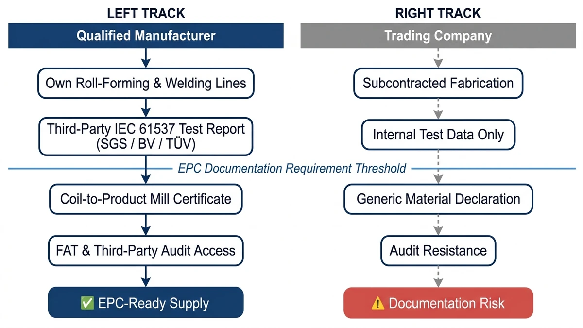 Flowchart comparing qualified ladder cable tray manufacturer versus trading company for EPC procurement decisions