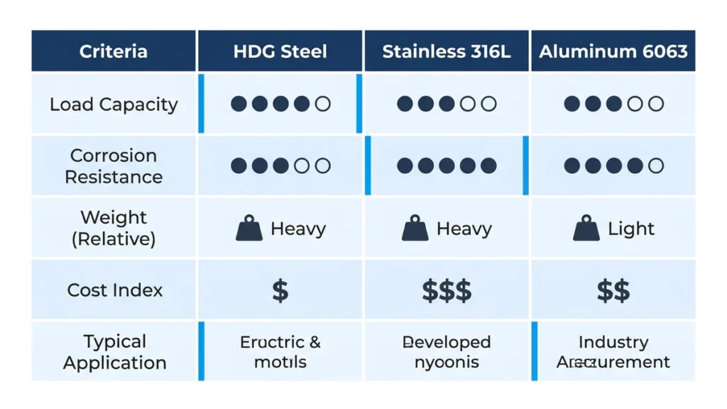Ladder cable tray material comparison table contrasting hot-dip galvanized steel, stainless steel 316L, and aluminum alloy across five engineering criteria