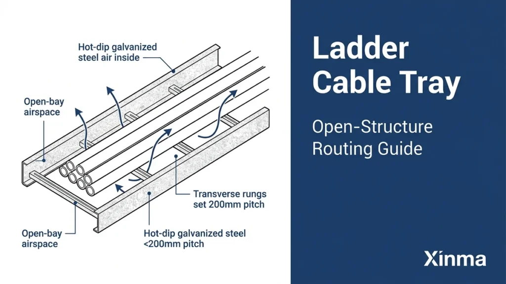 Ladder cable tray open-structure routing system showing parallel rails, transverse rungs, and power cable bundle