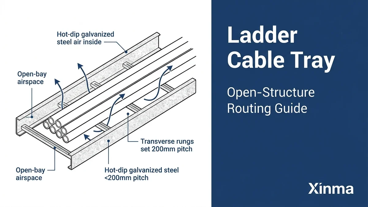 Ladder cable tray open-structure routing system showing parallel rails, transverse rungs, and power cable bundle