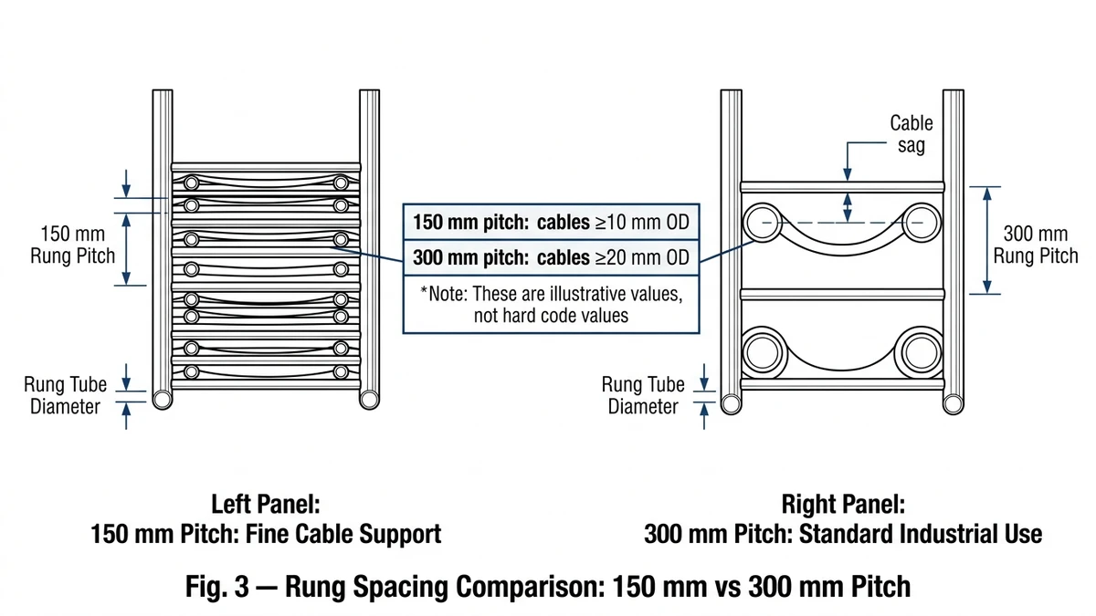 ** `Ladder cable tray rung spacing comparison diagram showing 150mm versus 300mm pitch with cable sag and minimum cable diameter guidance