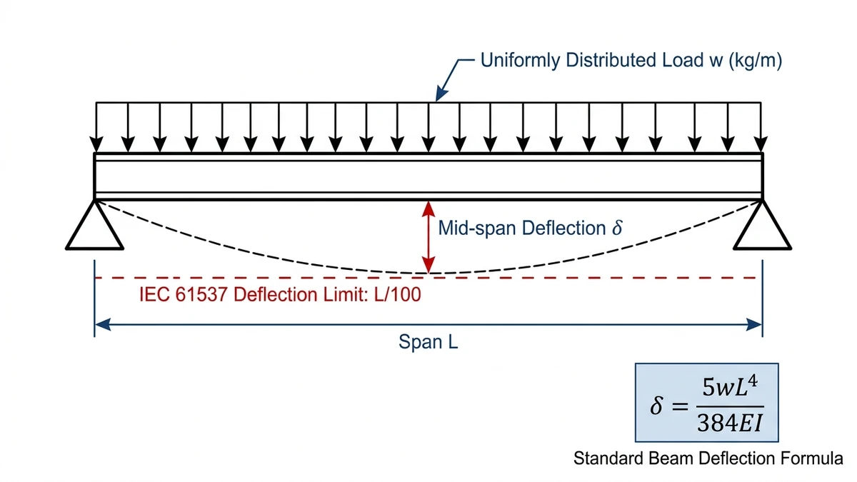Engineering diagram of ladder cable tray beam showing uniformly distributed load, mid-span deflection, and IEC 61537 L/100 limit