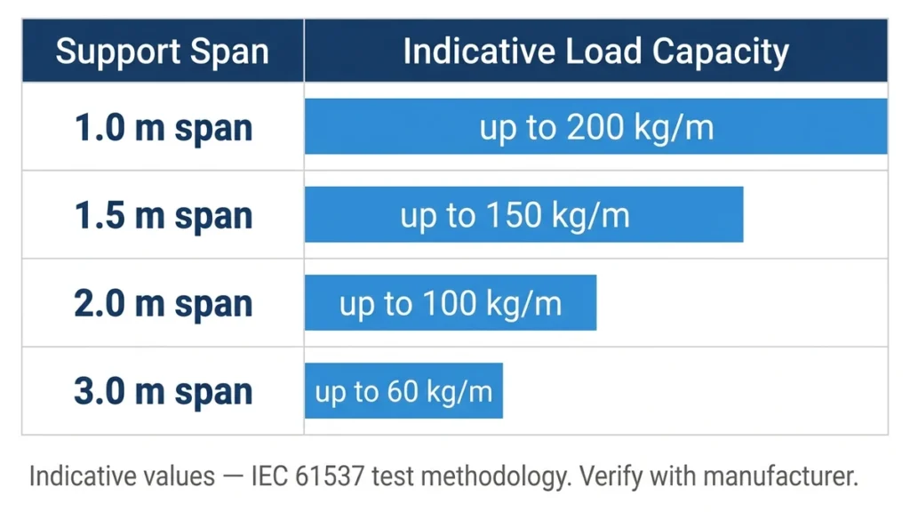 Ladder cable tray span versus load capacity chart showing indicative values at four support spacings under IEC 61537