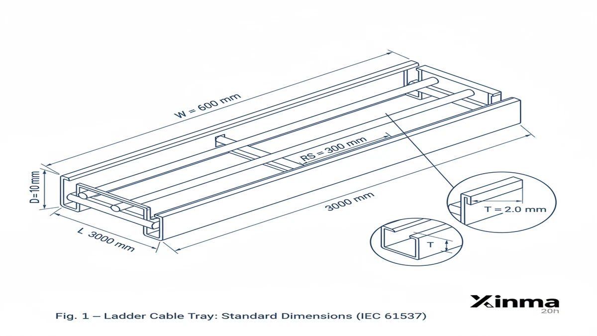 ** `Ladder cable tray dimension diagram showing width 600mm depth 100mm rung spacing 300mm and rail thickness per IEC 61537