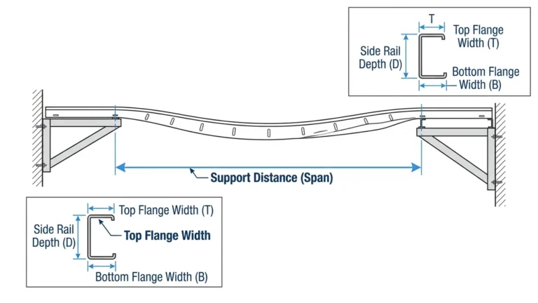 "Ladder cable tray support distance diagram showing span between two structural support brackets"