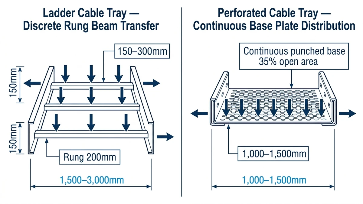 Diagram comparing ladder cable tray rung beam load transfer and perforated tray continuous base plate load distribution