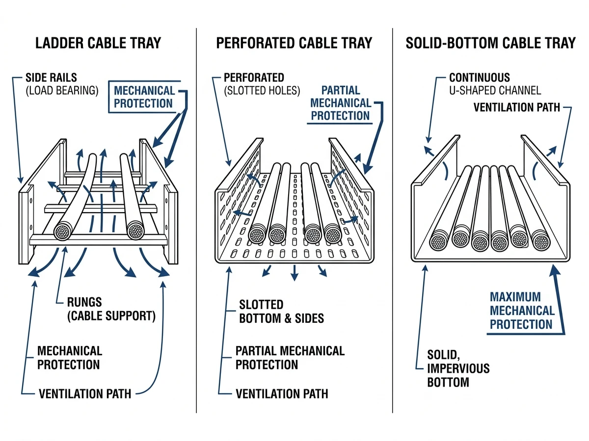 Cross-sections of ladder, perforated, and solid-bottom cable trays compared