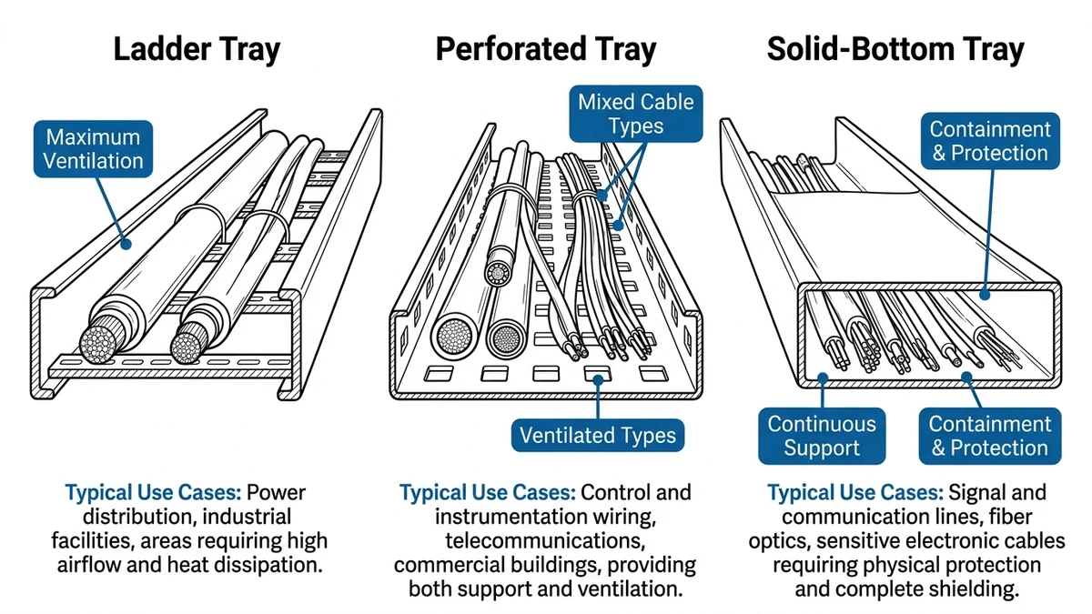 How to Choose the Right Cable Tray Type: 4-Step Guide supporting image: ladder perforated solid cable tray comparison 02