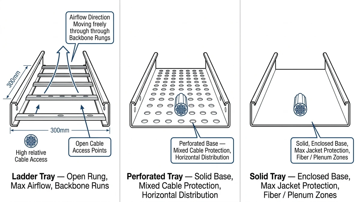 Side-by-side cross-sections of ladder, perforated, and solid cable trays with labeled structural features for structured cabling