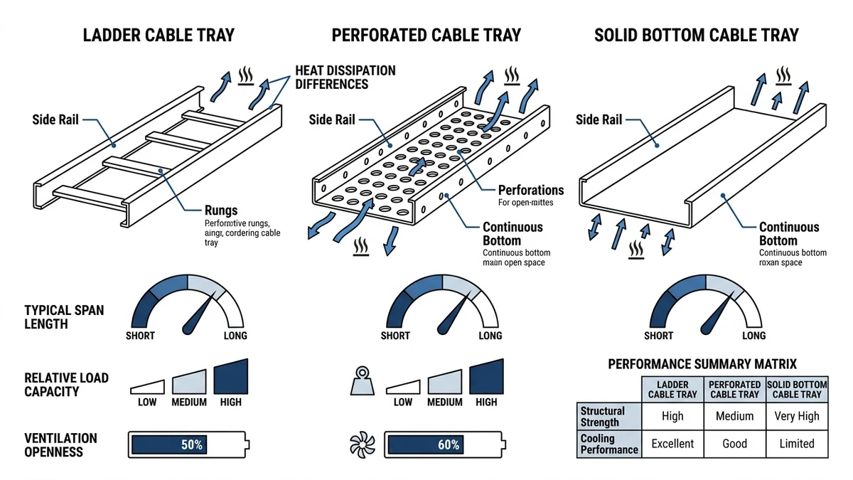 Ladder vs Perforated vs Solid Cable Tray: 2026 Selection Guide supporting image: ladder perforated solid cable tray structural thermal comparison