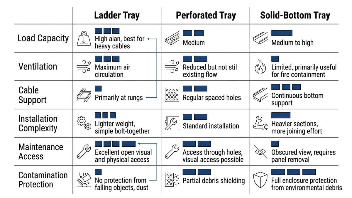 Industrial Cable Tray Applications: Ladder vs Perforated vs Solid supporting image: ladder perforated solid tray comparison chart fig03