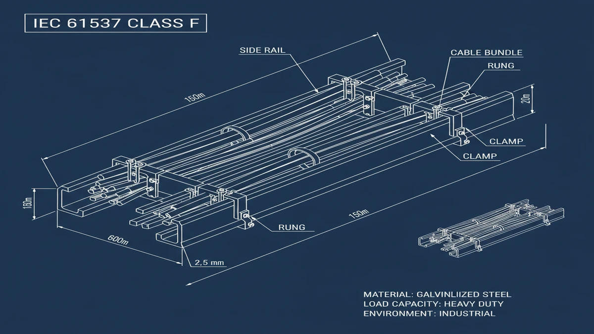 IEC 61537 Class F ladder cable tray cross-section showing 150 mm rail height and rung profile dimensions