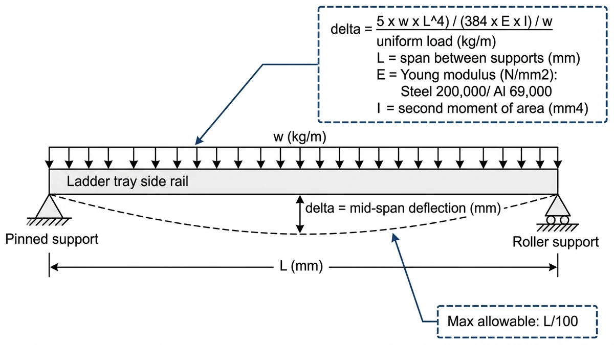 Engineering beam deflection diagram for ladder cable tray span calculation with formula variables labeled and defined