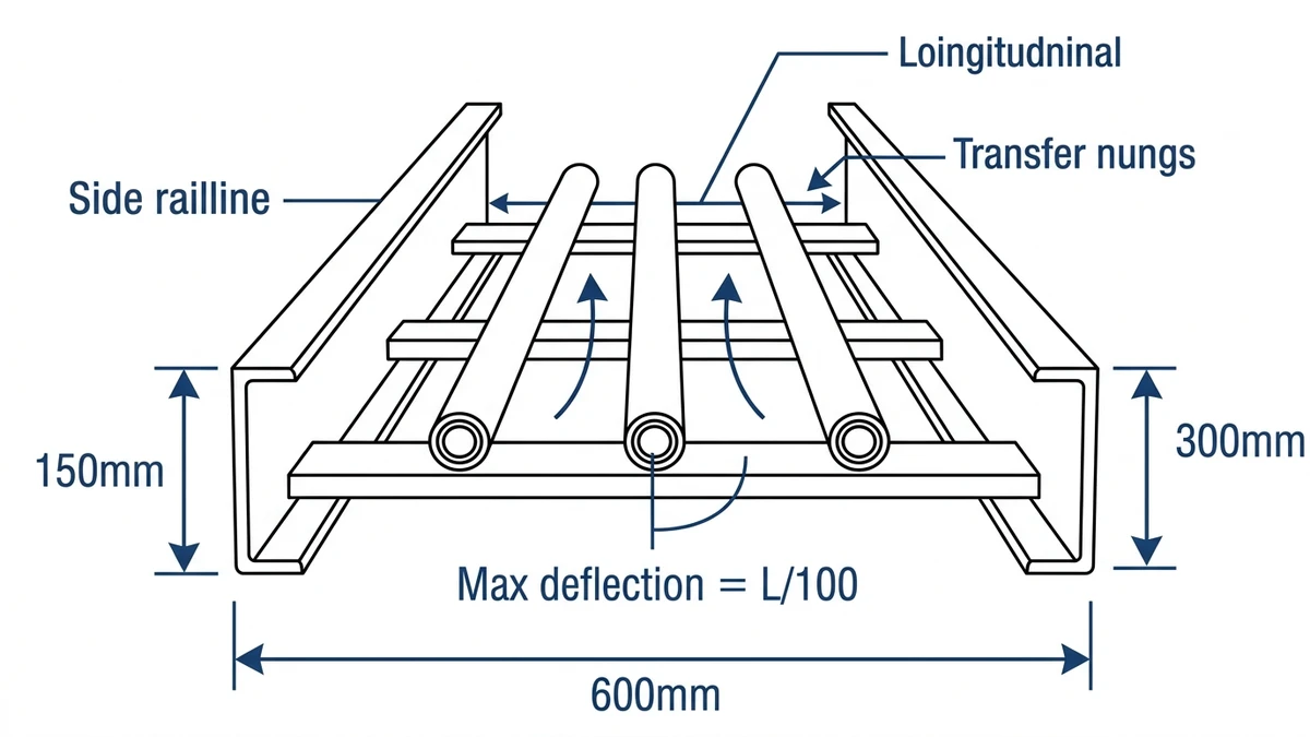 Ladder cable tray cross-section diagram showing side rail, transverse rungs, and IEC 61537 deflection limit annotation