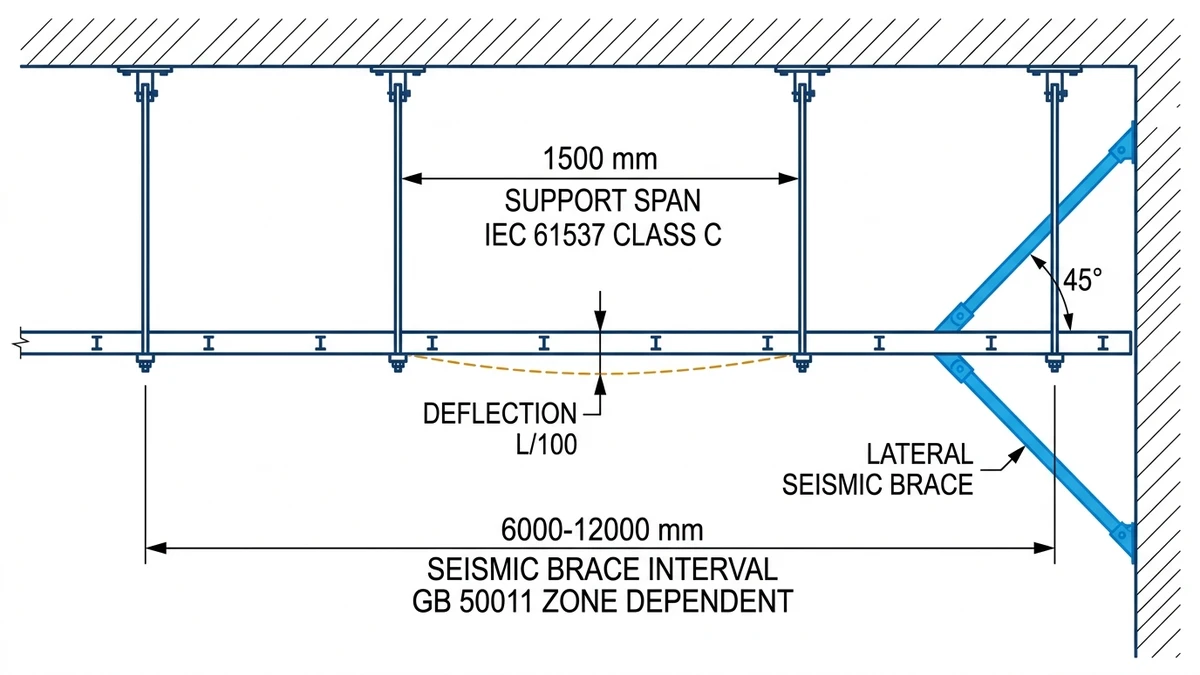 Elevation diagram of ladder cable tray showing IEC 61537 support hanger spacing, midspan deflection limit, and seismic lateral brace interval