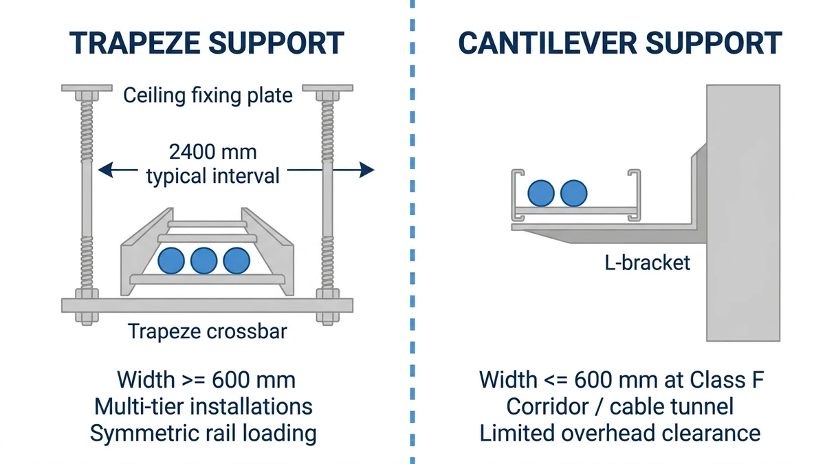 Trapeze and cantilever support configurations for heavy-duty ladder cable tray with support interval and application callouts