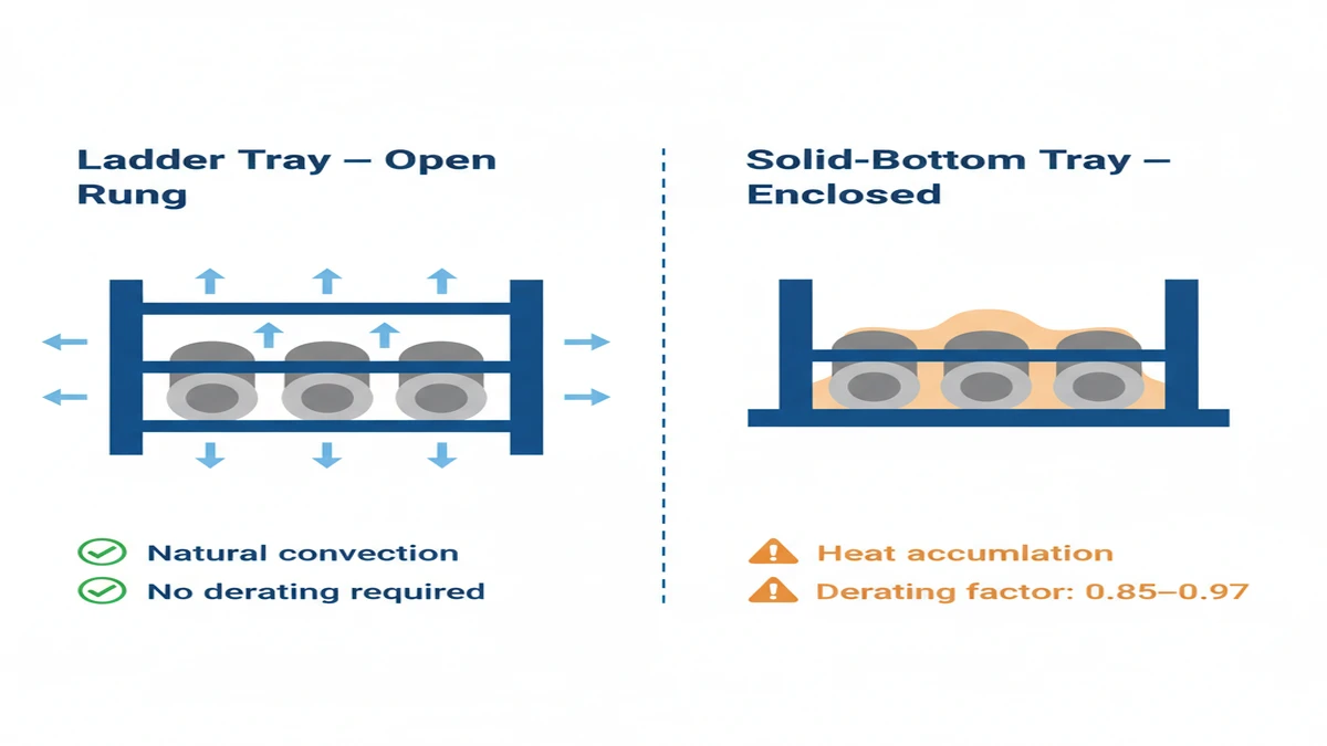 Thermal airflow comparison between open rung ladder cable tray and solid-bottom tray showing derating impact