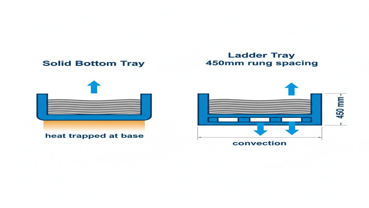 Cross-section diagram comparing heat trapping in solid bottom tray versus bidirectional convection airflow in ladder cable tray at 70% fill ratio