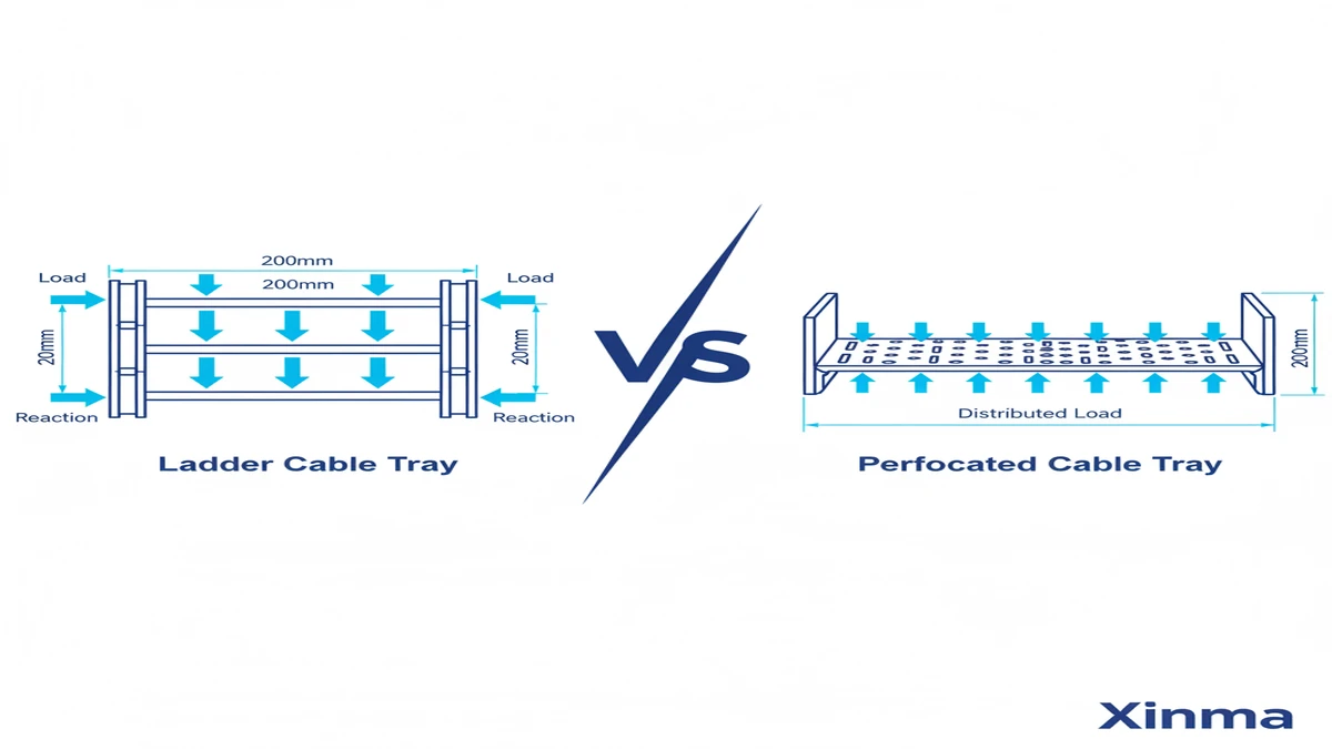 Ladder cable tray versus perforated cable tray structural cross-section comparison showing load transfer mechanisms