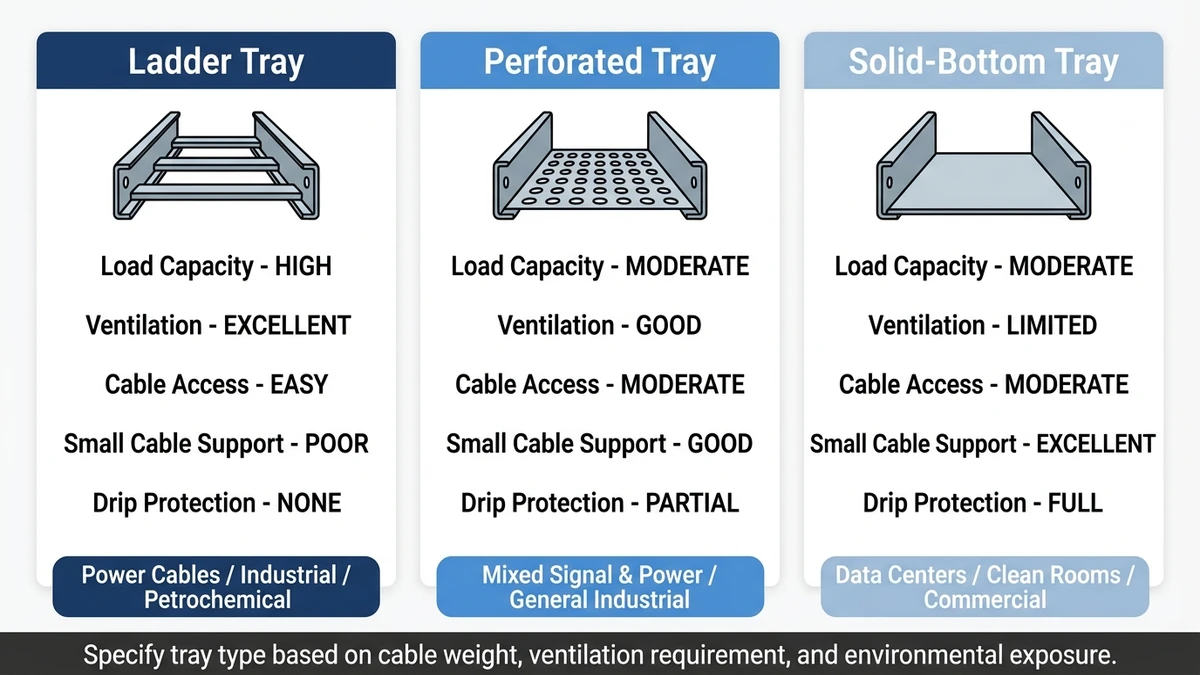 Side-by-side comparison of ladder, perforated, and solid-bottom cable tray types showing structural cross-sections and application suitability ratings