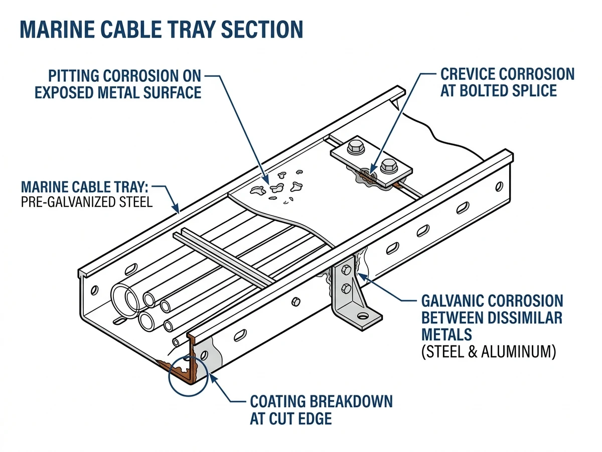 Marine cable tray corrosion diagram showing pitting, crevice, galvanic, and coating damage