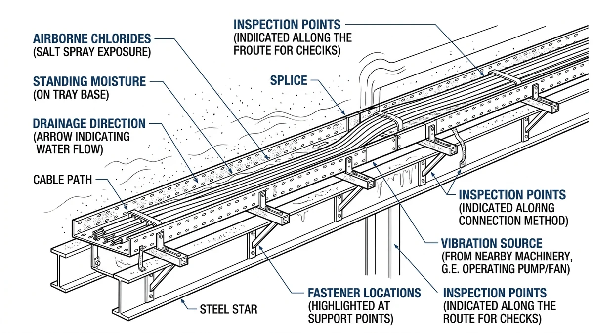 Marine cable tray exposure map showing salt spray, moisture, vibration, and joints