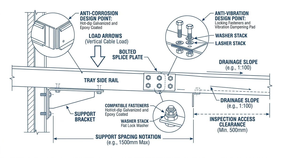 Marine cable tray fixing detail showing supports, fasteners, splice plates, and drainage