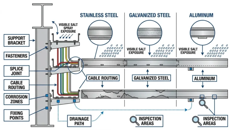 Marine cable tray overview showing materials, corrosion zones, and fixing details