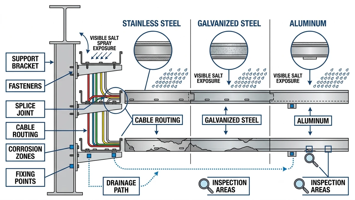 Marine cable tray overview showing materials, corrosion zones, and fixing details