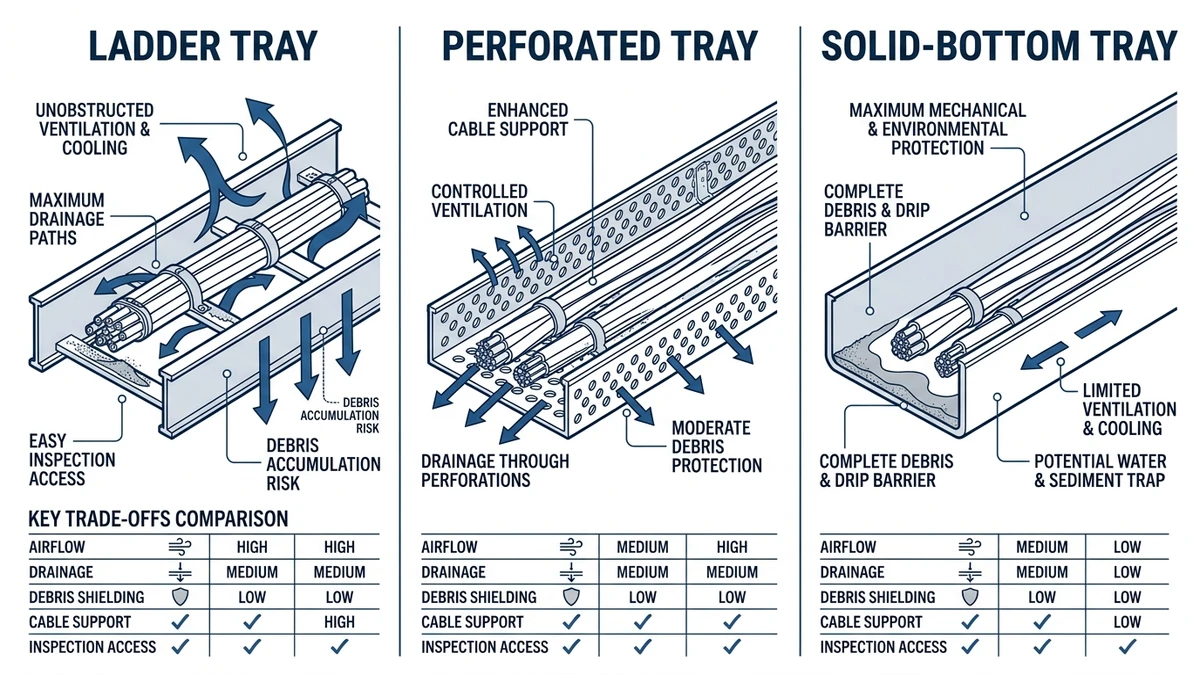 Marine cable tray types comparing ladder, perforated, and solid-bottom drainage performance