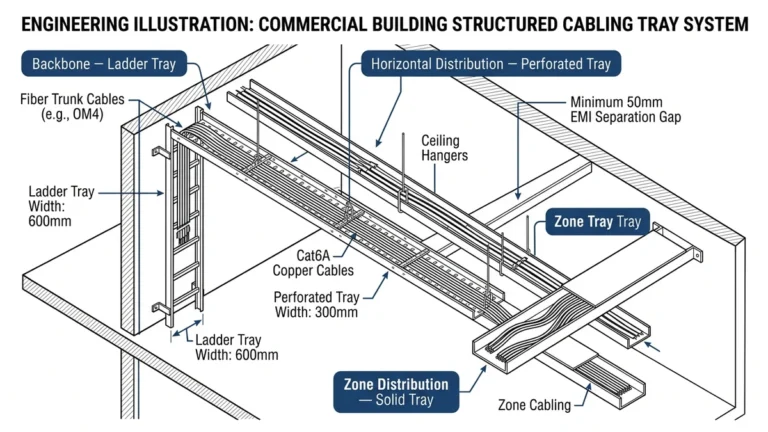 Network and data cable tray system routing copper and fiber cables in structured cabling installation