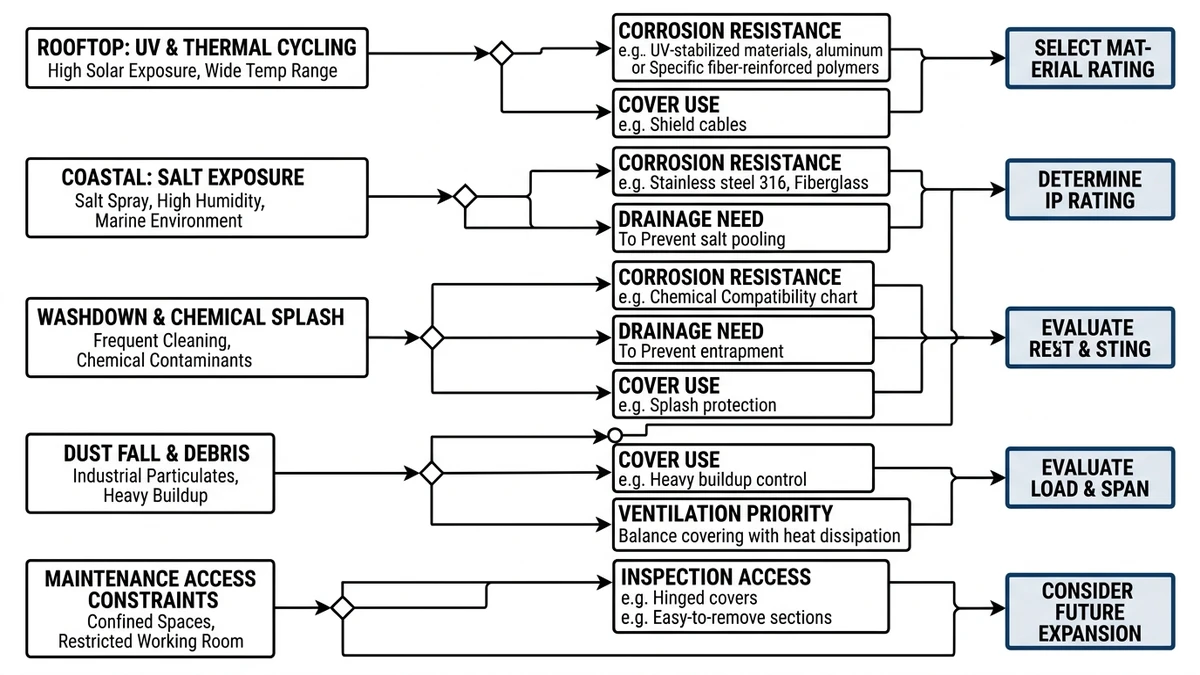 Outdoor cable tray selection map linking exposure conditions to engineering priorities