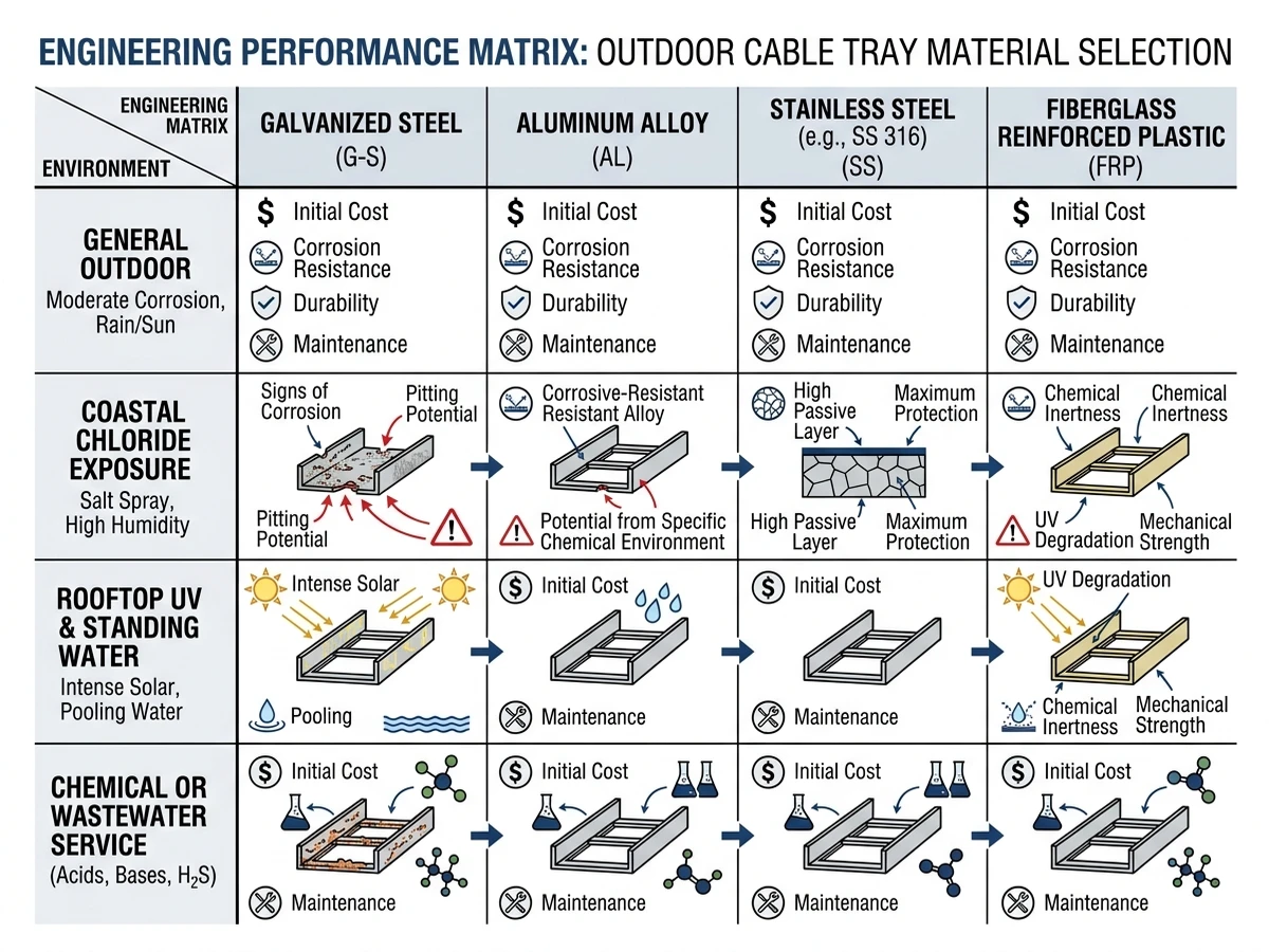 Outdoor cable tray material matrix for corrosion resistance in exposed environments