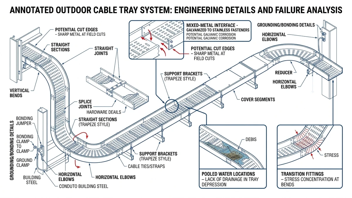 Outdoor cable tray weak points at joints supports covers and fittings