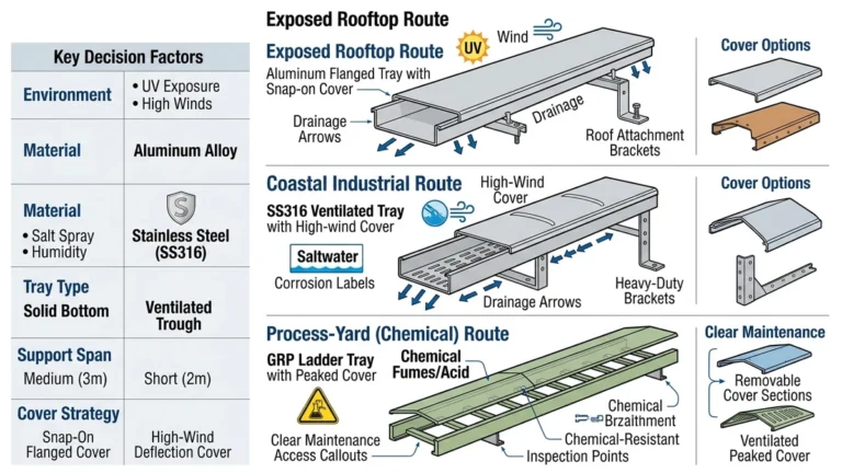 Outdoor cable tray selection illustration for harsh exposed industrial rooftop installations