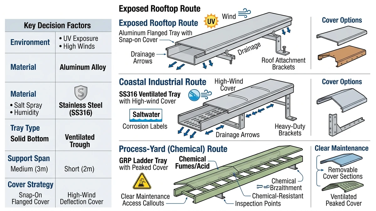 Outdoor cable tray selection illustration for harsh exposed industrial rooftop installations